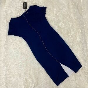 ❤️ UNIQUE Swirl Buttons Navy Bodycon Midi Curve Hugging Dress w/ Front Slit, M